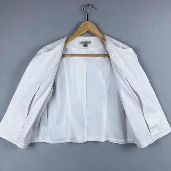 Roz & Ali Cropped Denim Suit Jacket Studded Open Front Womens M Collarless White - Picture 3 of 11